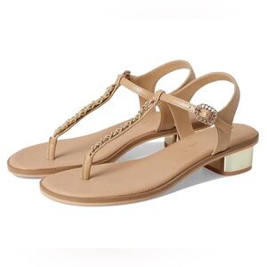 Anne Klein Tessa T-Strap Chain Dressy Block Heel Comfort Sandals Gold Tan 11 NEW